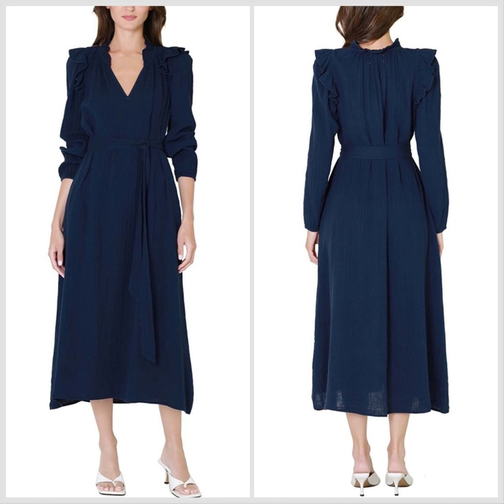 XIRENA Kaya dress in North Star Navy Blue Ruffle Belted Sz S